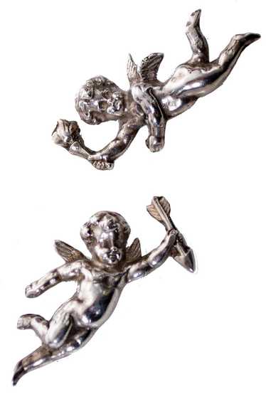 Sterling silver 1940s cherub angel pins pair
