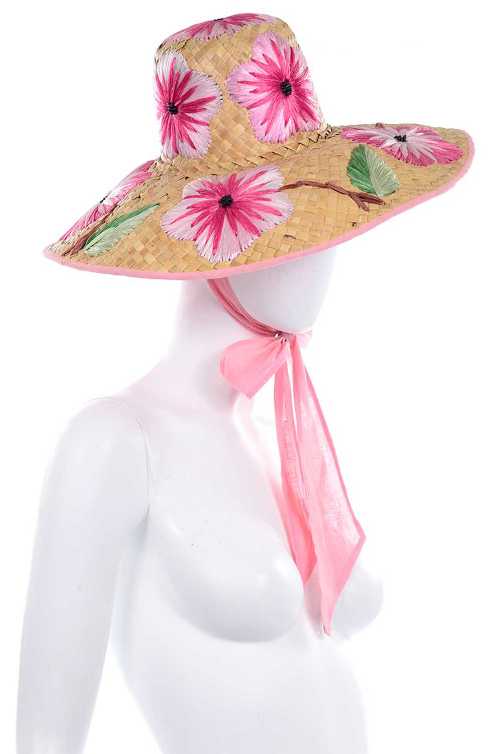 Unworn Vintage 1950's Floral Woven Straw Sun Hat … - image 3