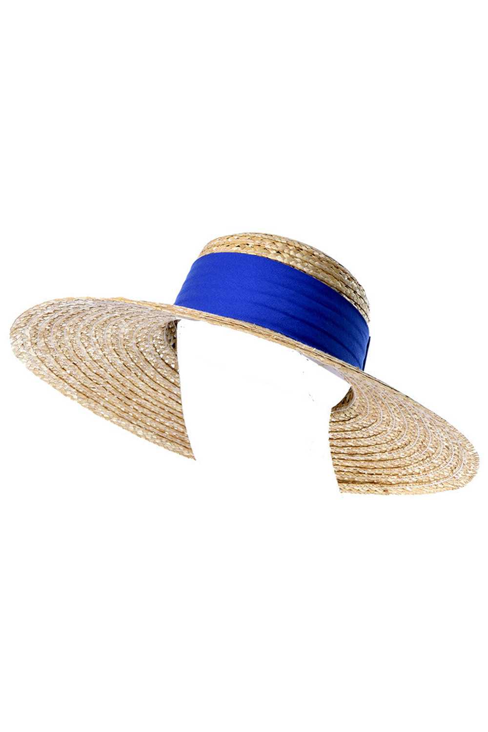 Vintage As New Straw Hat With Wide Brim Blue Ribb… - image 1