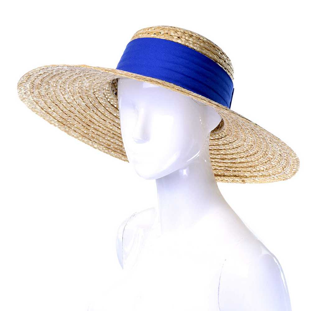 Vintage As New Straw Hat With Wide Brim Blue Ribb… - image 2