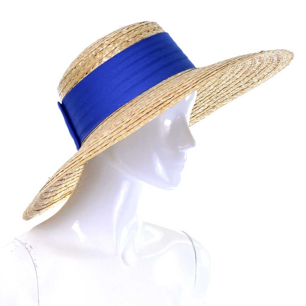 Vintage As New Straw Hat With Wide Brim Blue Ribb… - image 3