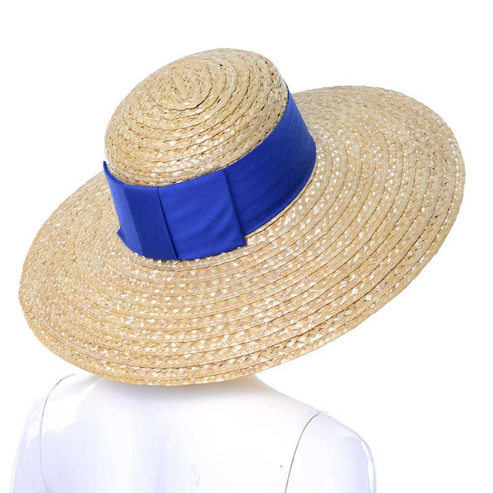 Vintage As New Straw Hat With Wide Brim Blue Ribb… - image 4