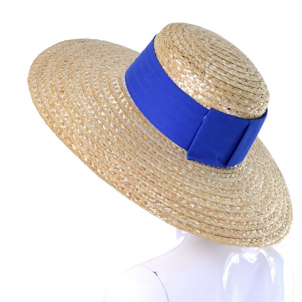 Vintage As New Straw Hat With Wide Brim Blue Ribb… - image 5