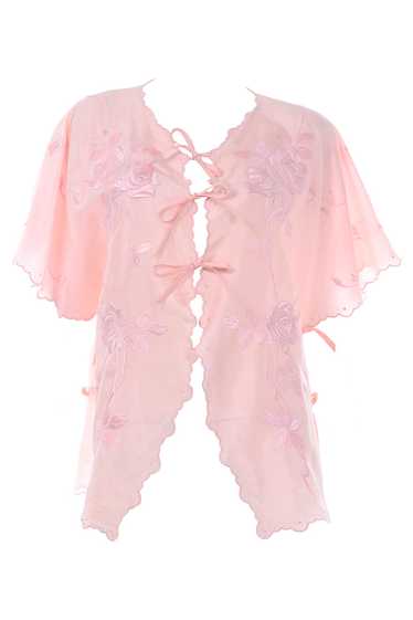 Vintage Pink Rose Embroidered Bed Jacket w/ Tie Cl