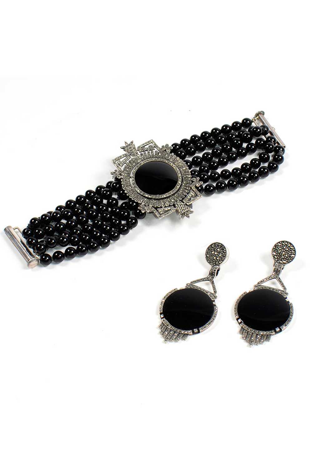 Vintage Sterling Silver Marcasite & Black Onyx Br… - image 1