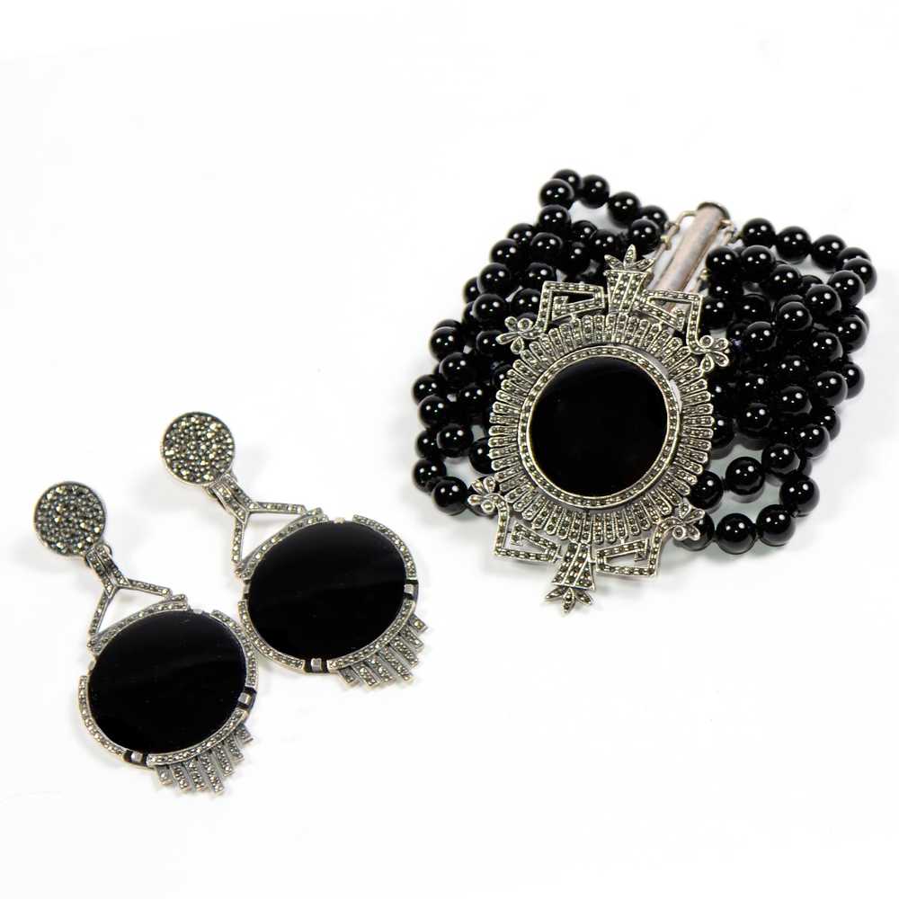 Vintage Sterling Silver Marcasite & Black Onyx Br… - image 2