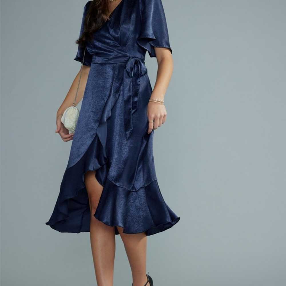Blue Rain Satin Dark Blue Midi Dress Size M - image 1