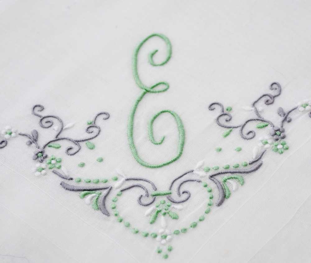 White linen handkerchief with Green E monogram an… - image 2