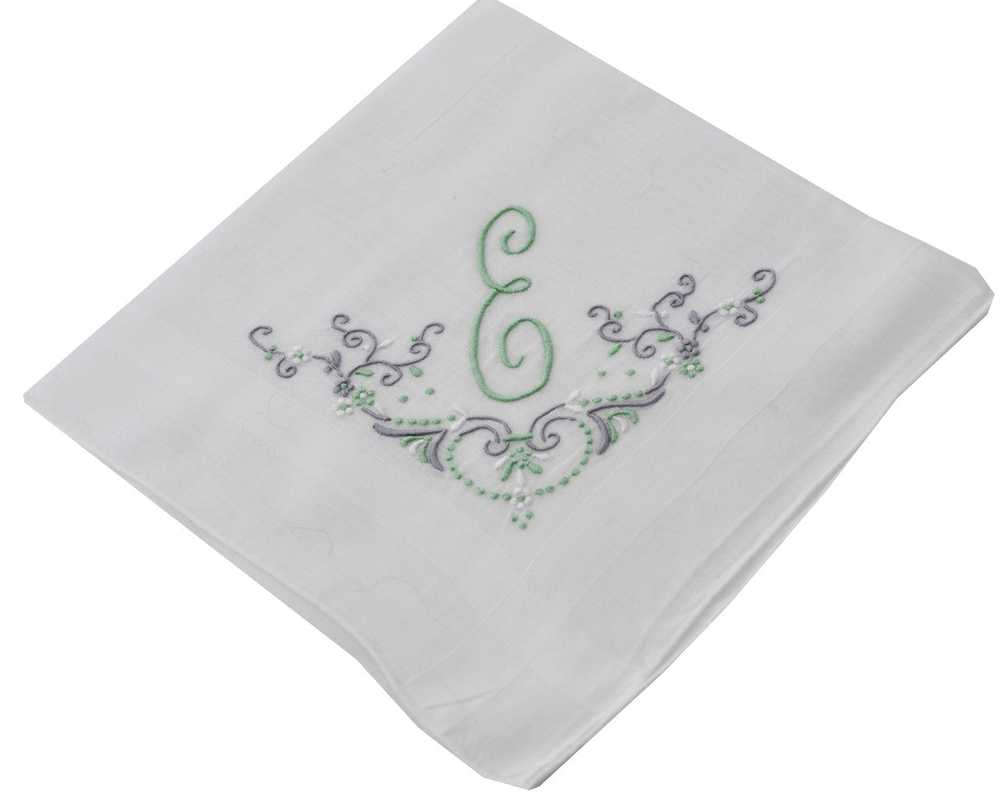 White linen handkerchief with Green E monogram an… - image 3