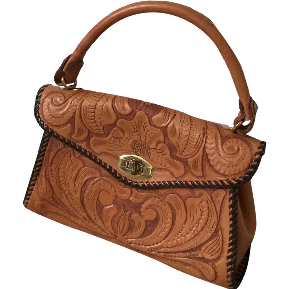 Vintage 1950s Tooled Leather Purse Handbag Canyon… - image 1