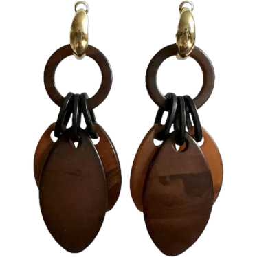 Retro Faux Wood Dangle Earrings Gold Tone Hoops - image 1