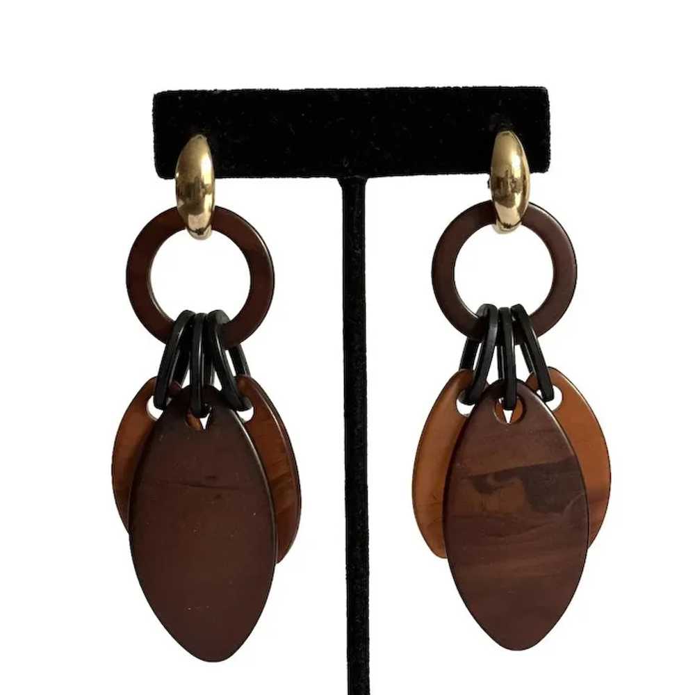 Retro Faux Wood Dangle Earrings Gold Tone Hoops - image 2