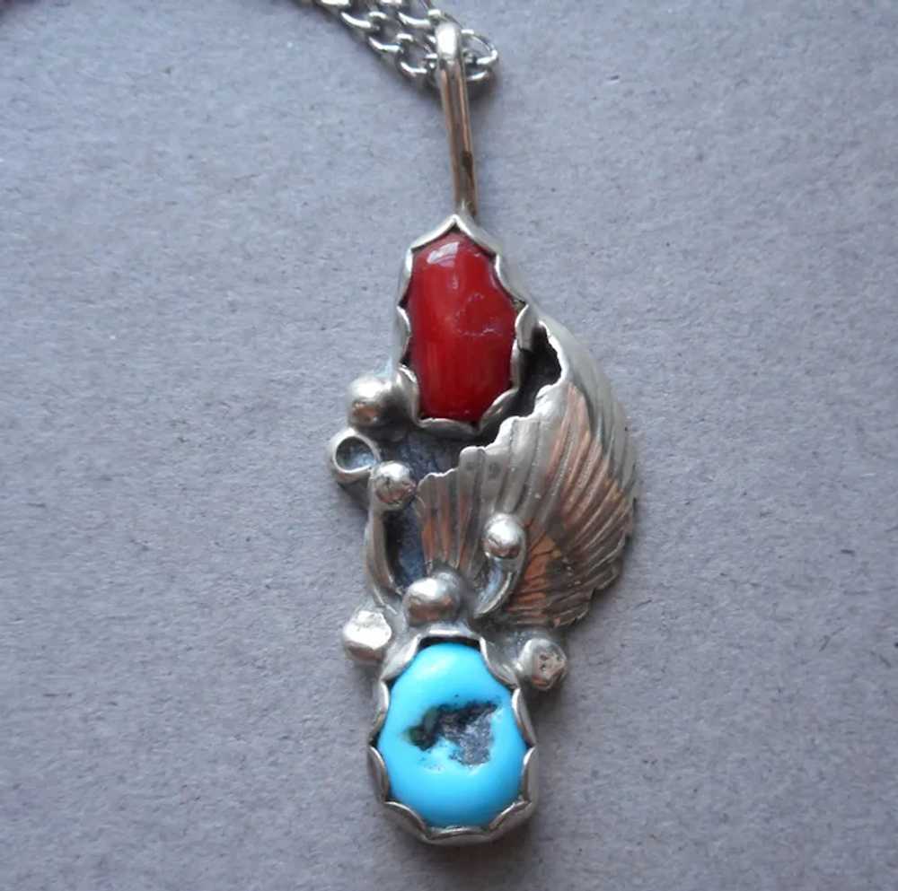 Native American Turquoise Coral Sterling Silver D… - image 2