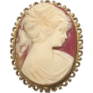 Vintage Gold-Tone Celluloid Cameo Brooch with Pin… - image 1