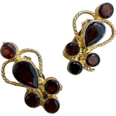 Vintage Large Garnet Clip-on Earrings Vermeil Gold