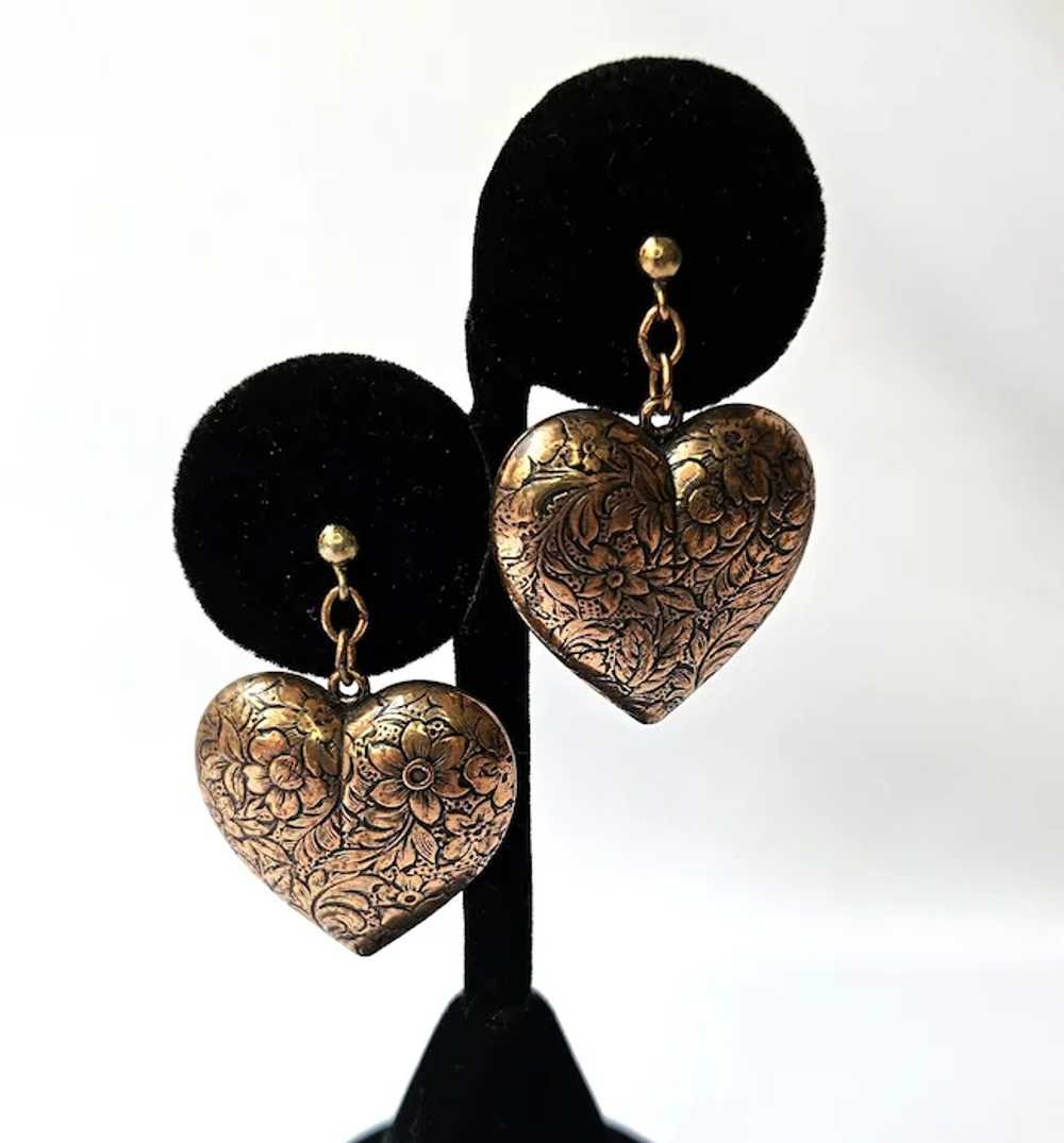 Vintage Vintage Puffy Copper Engraved Hearts Pier… - image 2