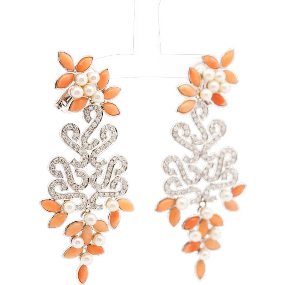 Floral Marquise-Shape Corals, Pearls & Diamond Ea… - image 1