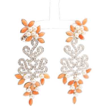 Floral Marquise-Shape Corals, Pearls & Diamond Ea… - image 1