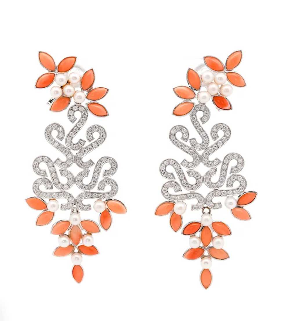 Floral Marquise-Shape Corals, Pearls & Diamond Ea… - image 2