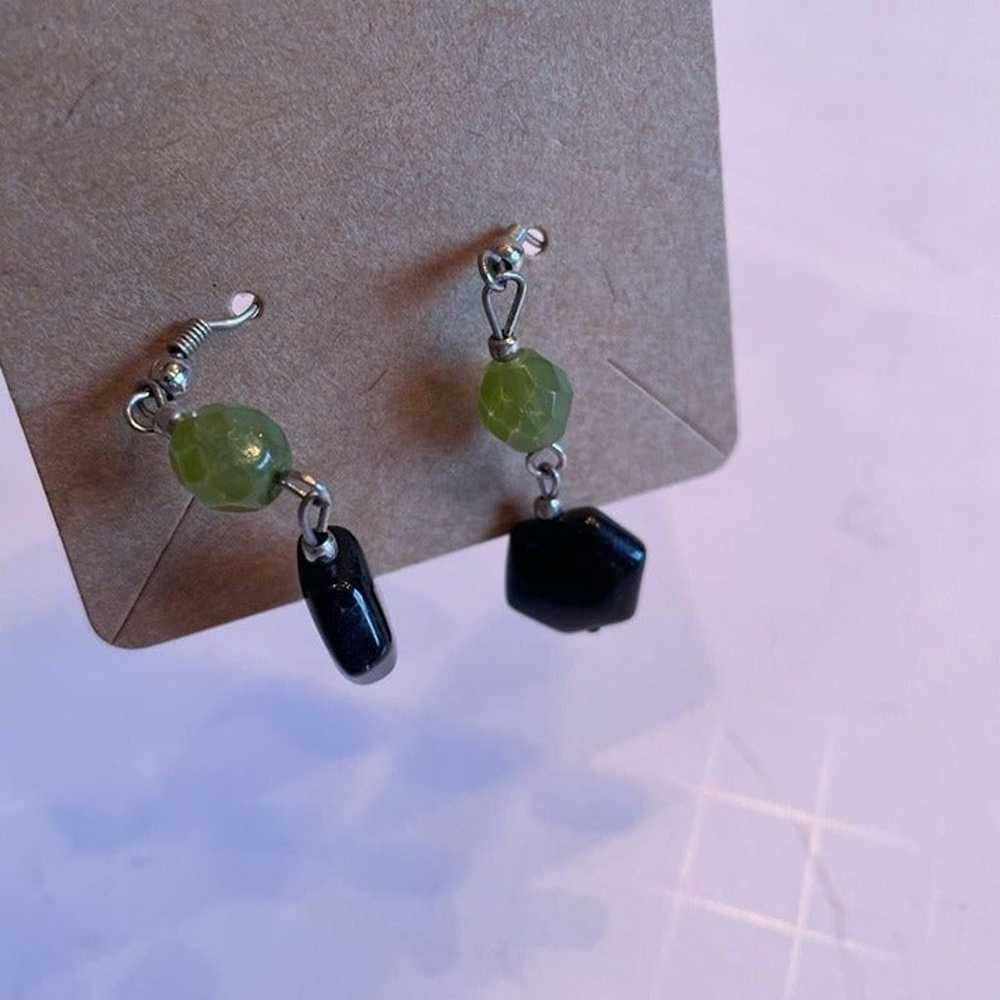 80S black and green beaded dangle pierced earrings - image 2