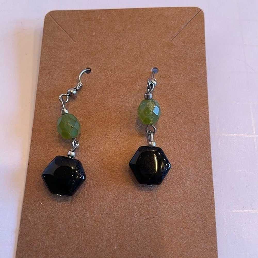 80S black and green beaded dangle pierced earrings - image 3