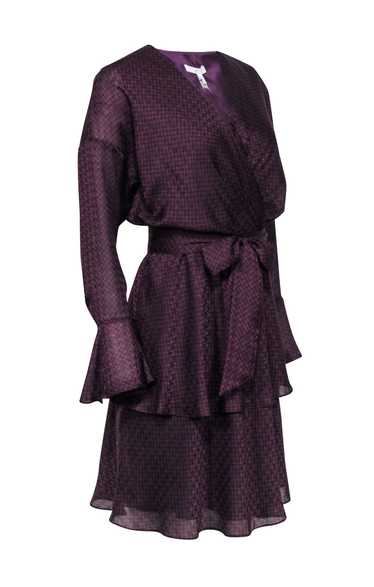 Joie - Plum Purple & Black Houndstooth Print Ruffl