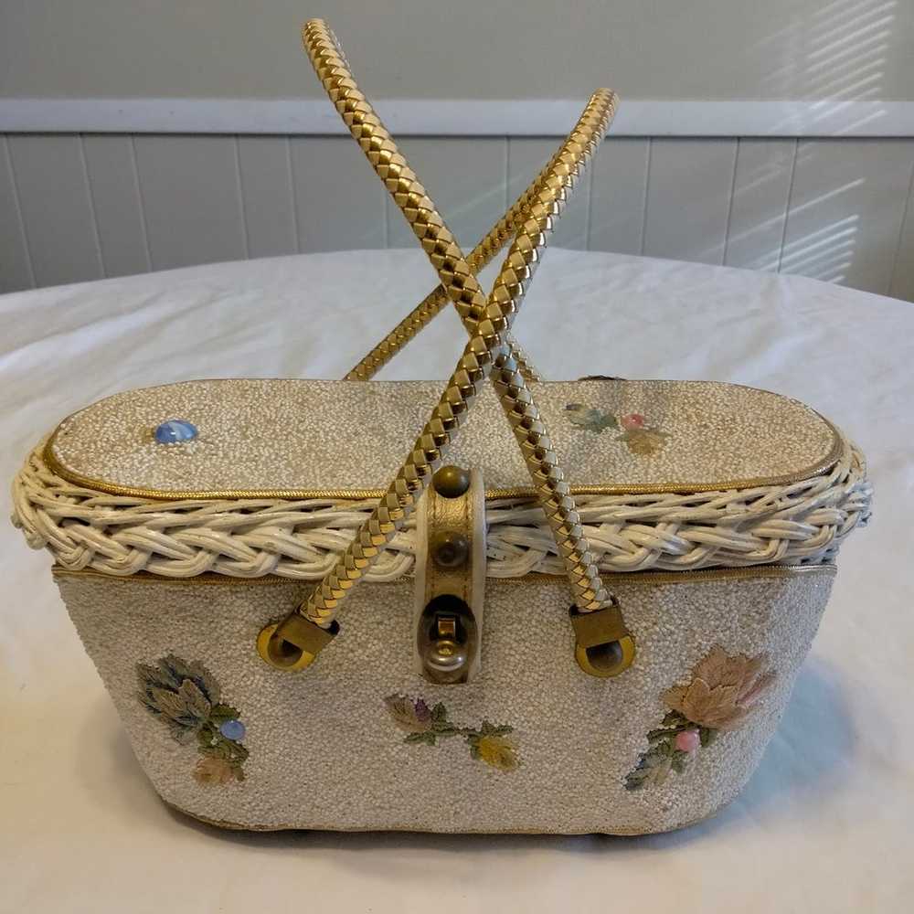 MIDAS OF MIAMI Wicker Box Bag with White Beads Vi… - image 5