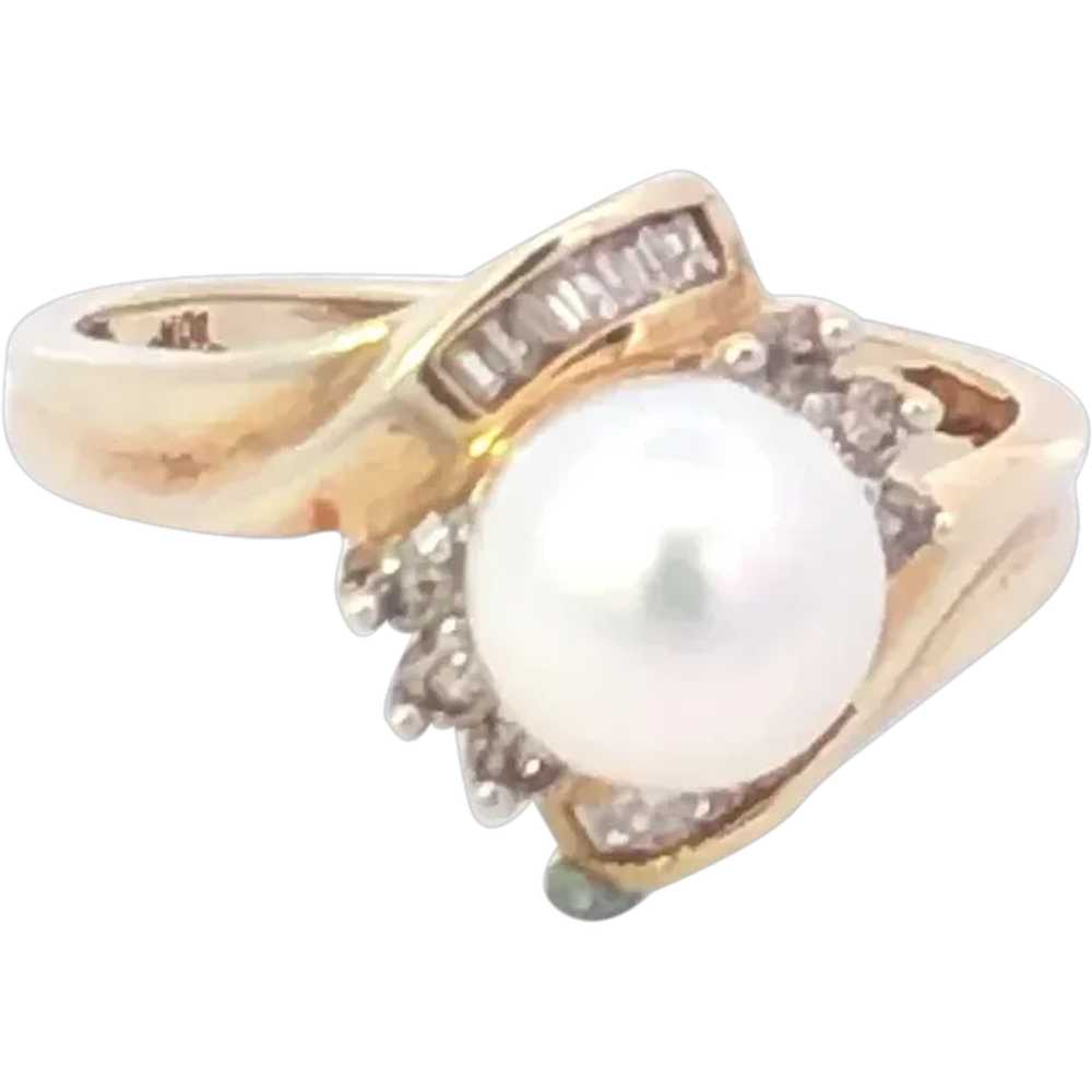 10K Vintage 7.3mm Pearl Diamond Bypass Ring Size … - image 1