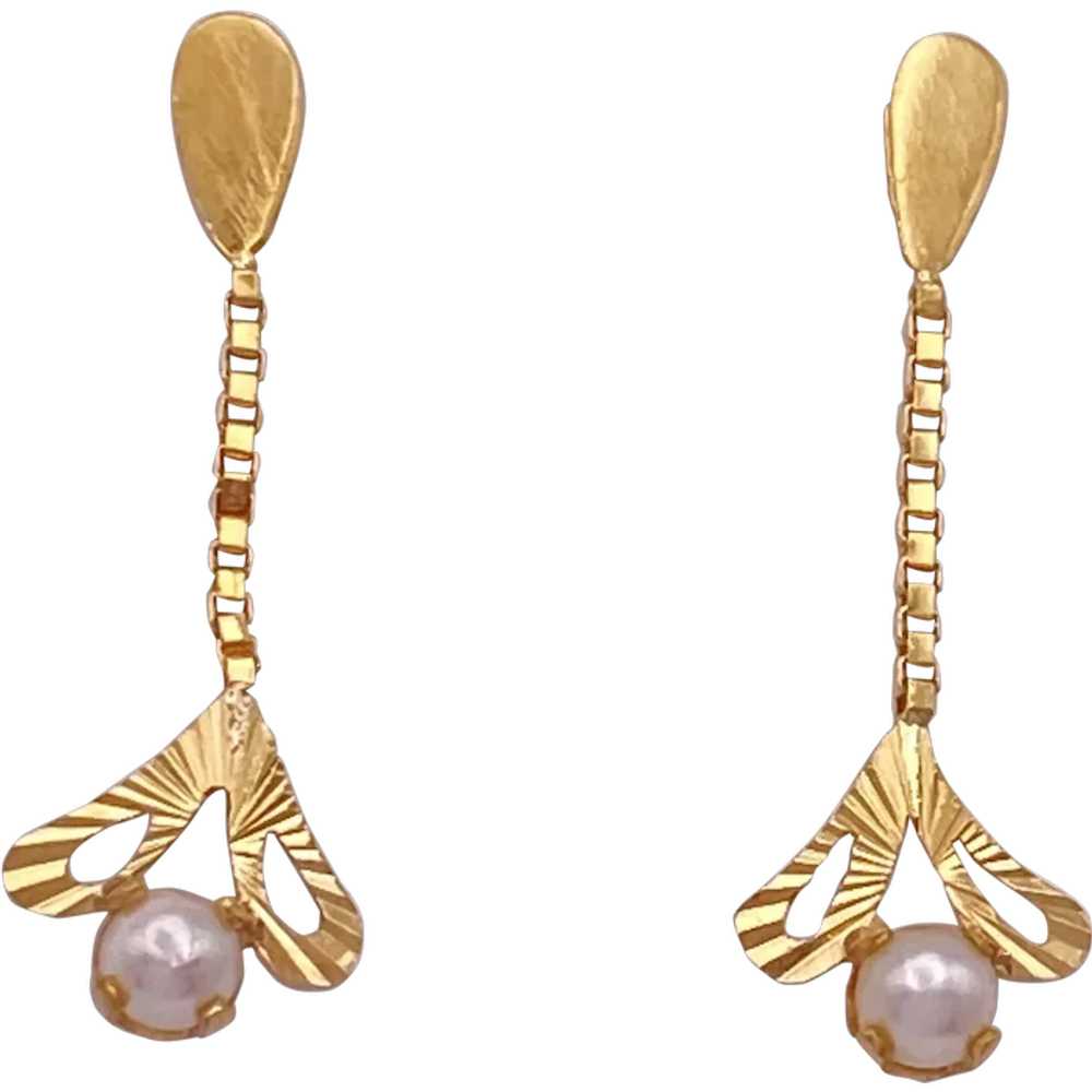Petite Vintage Dangle Earrings 14K Gold and Cultu… - image 1