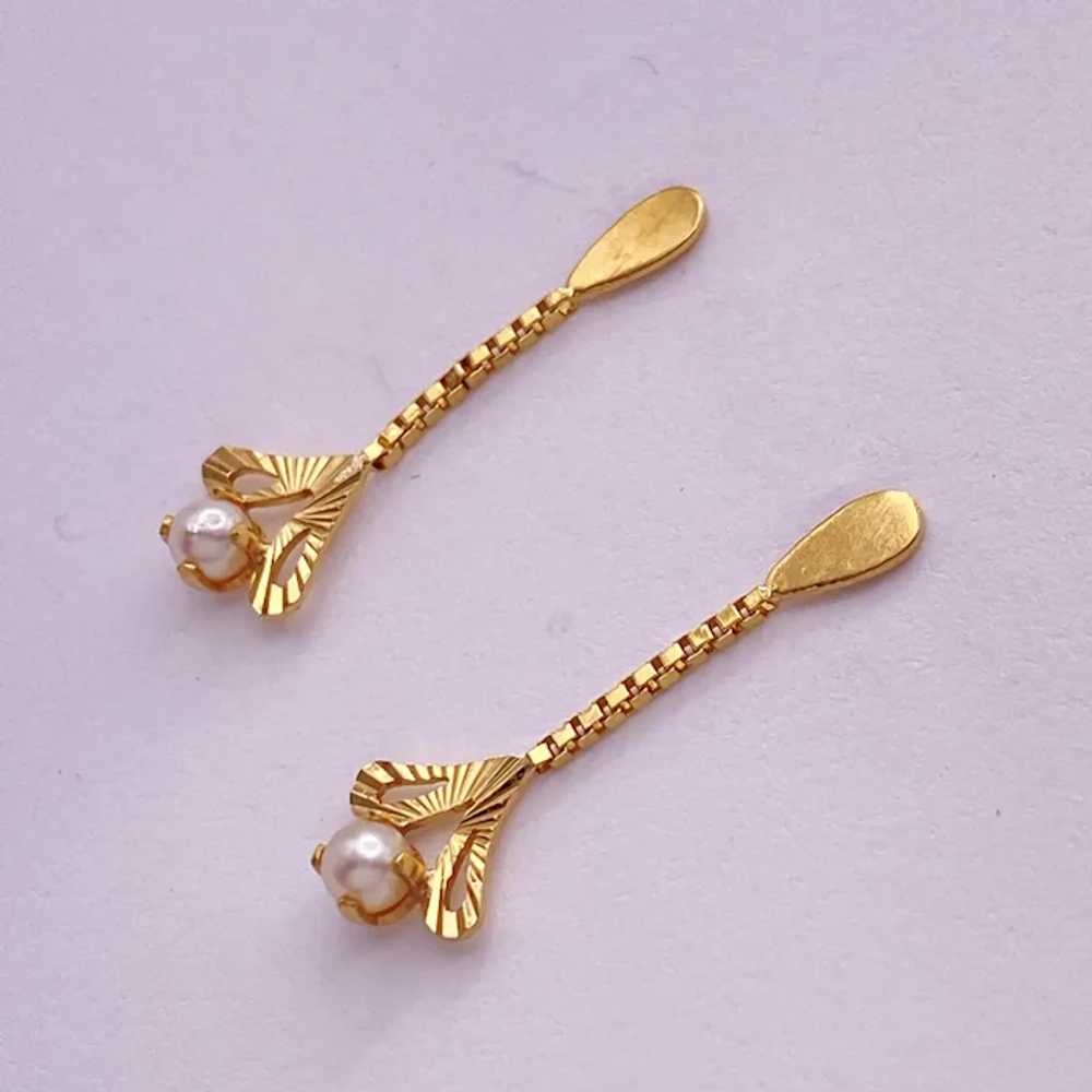 Petite Vintage Dangle Earrings 14K Gold and Cultu… - image 2