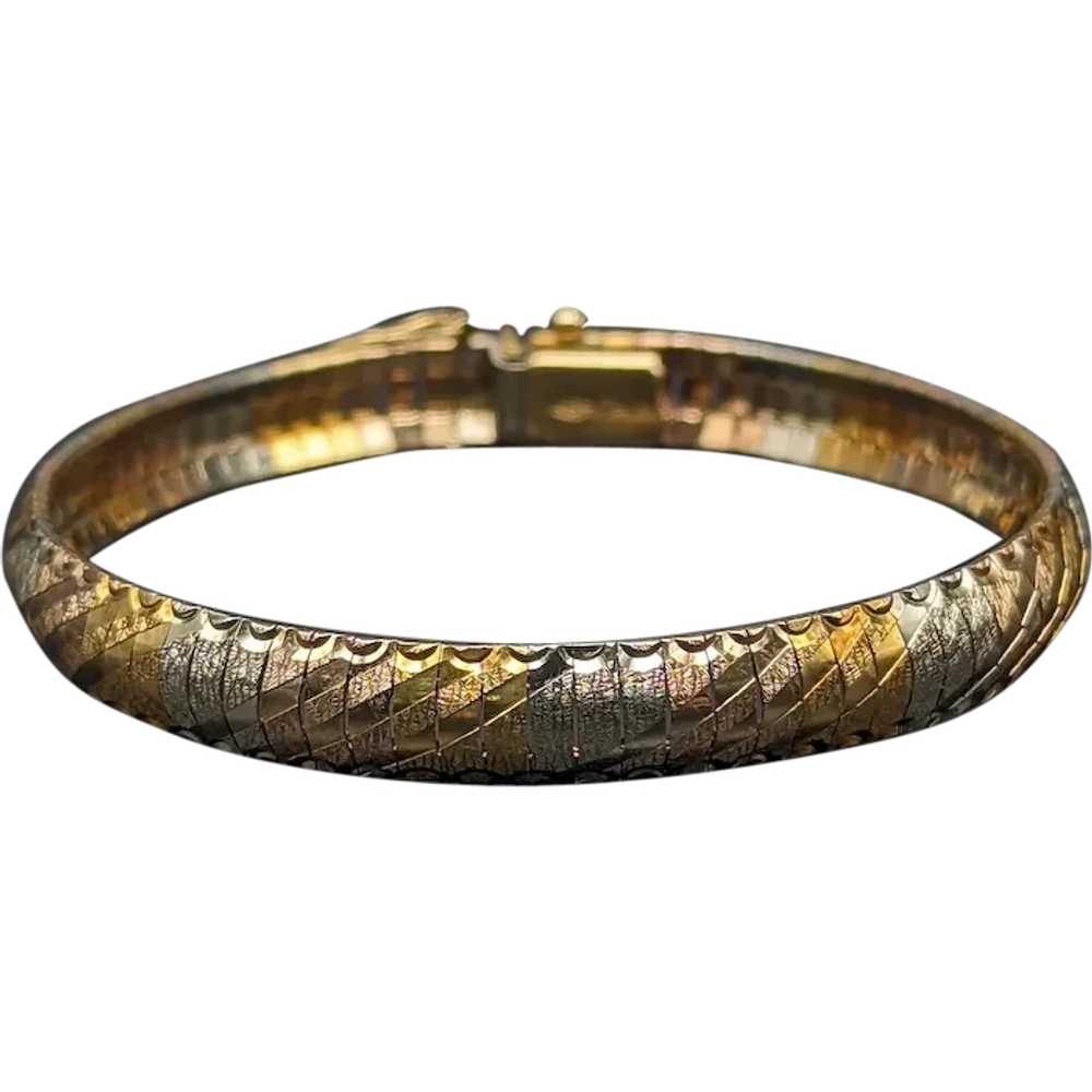 Italy 18K Heavy Tri Color Gold 7.3 mm Etched Line… - image 1