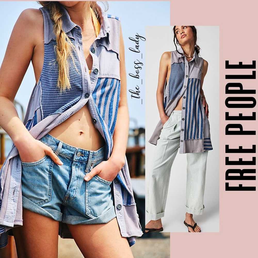 Free People dress mini denim patched striped boho… - image 1