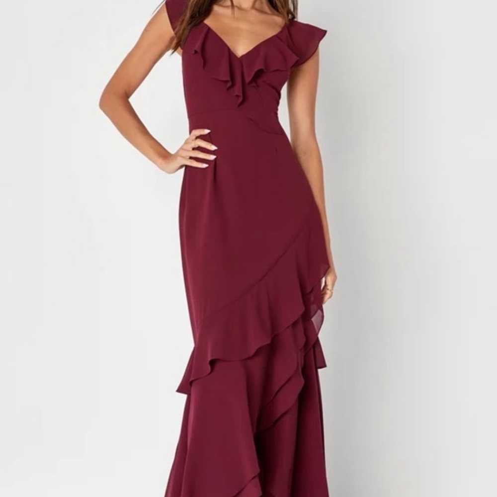 Lulus Burgundy Asymmetrical Ruffled Maxi Dress - image 1