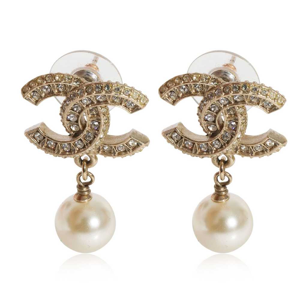 Chanel Chanel Gold Tone CC Strass & Pearl Dangle … - image 1