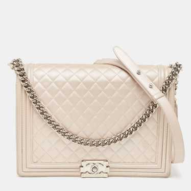 CHANEL Pearl White Shimmer Quilted Leather Large B