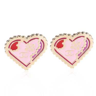 Chanel Silver Tone Chanel Enamel Heart Stud Earri… - image 1