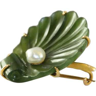 Estate 15K Nephrite and Pearl Shell Brooch - image 1