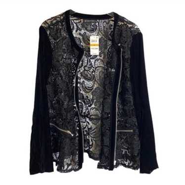 INC Women’s Black Lace Velvet Zip Up Jacket Size … - image 1