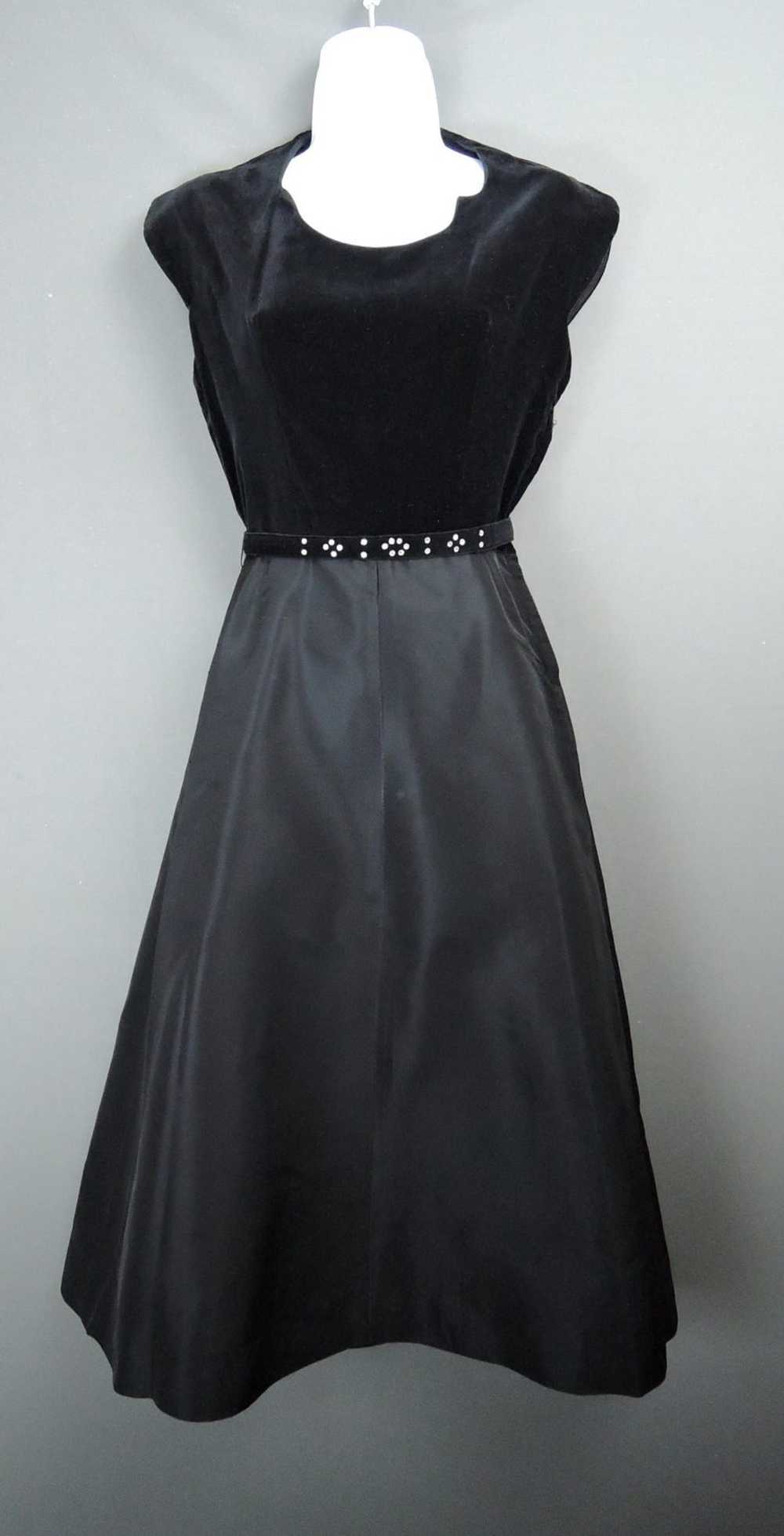 Vintage 1950s Black Dress, Velvet & Taffeta, XS 3… - image 1