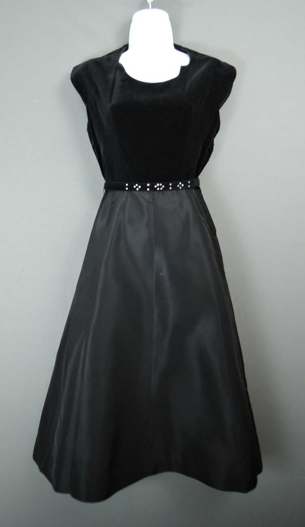 Vintage 1950s Black Dress, Velvet & Taffeta, XS 3… - image 2