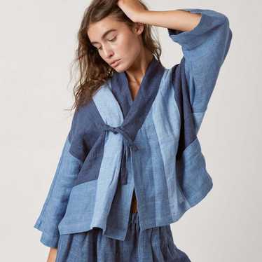 NWOT Amente linen color blocked kimono jacket blu… - image 1