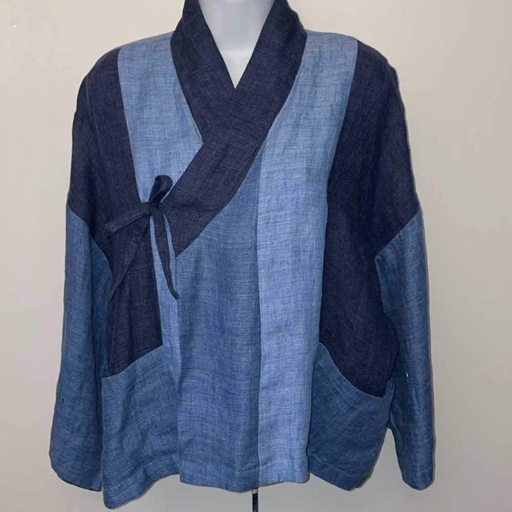 NWOT Amente linen color blocked kimono jacket blu… - image 7