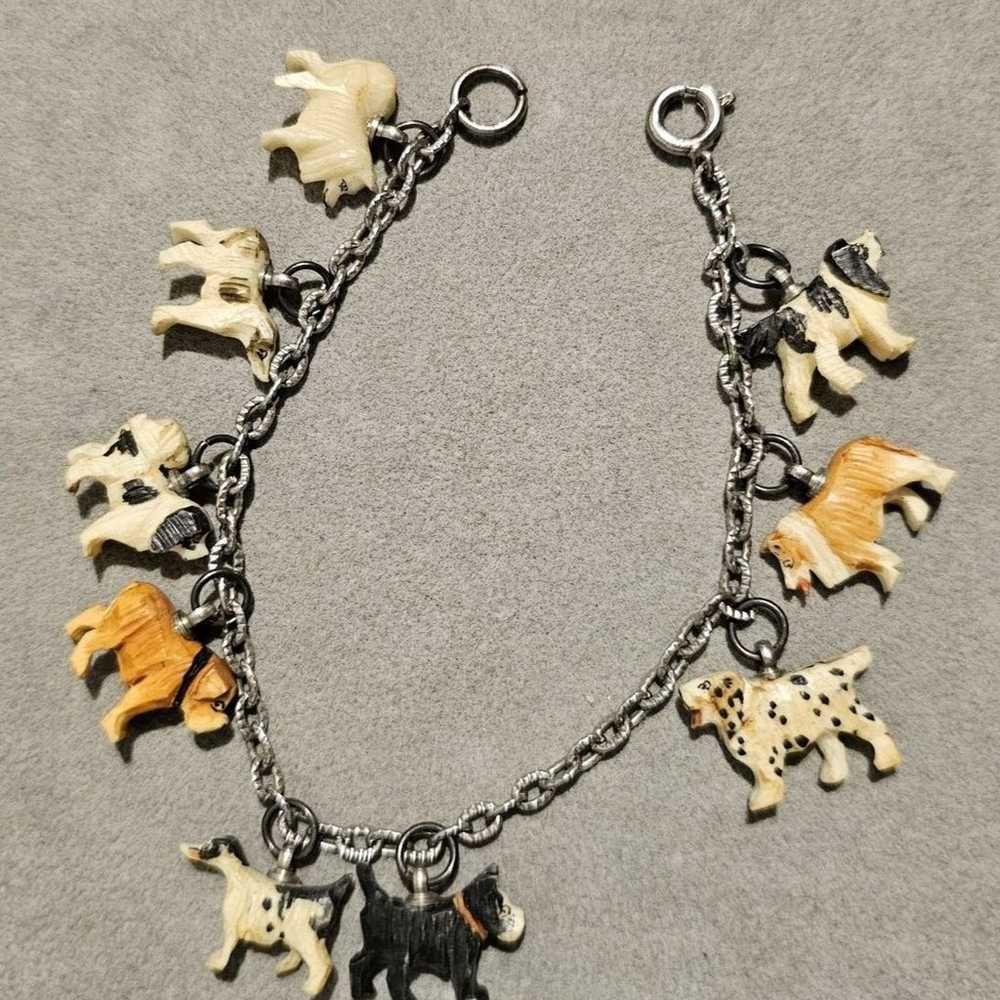 Vintage Carved Celluloid Dog Puppy Charm Bracelet… - image 1