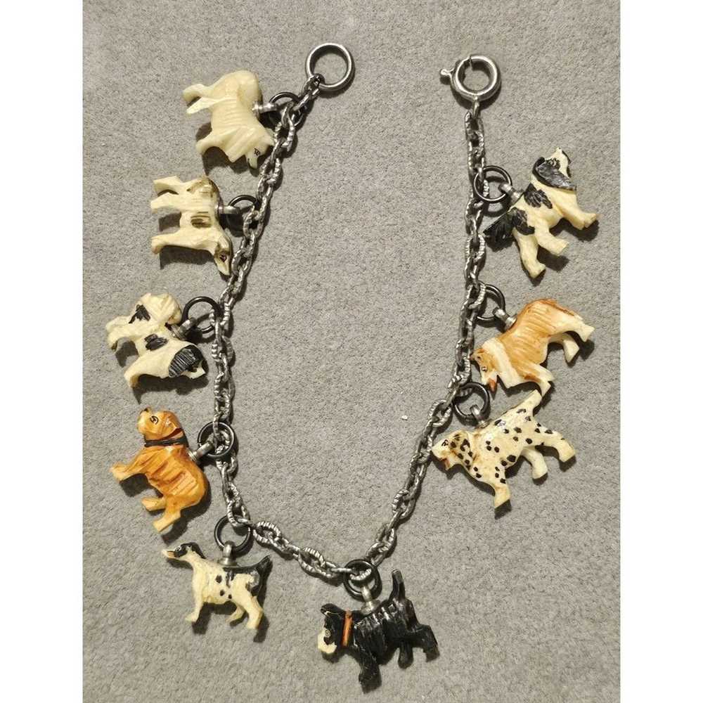 Vintage Carved Celluloid Dog Puppy Charm Bracelet… - image 3