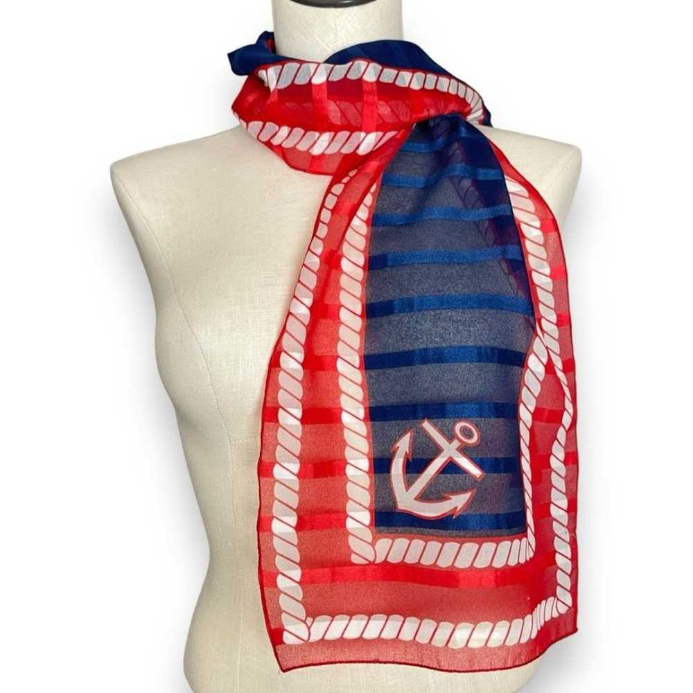 Vintage Nautical Scarf Anchor Red White Blue Rect… - image 1