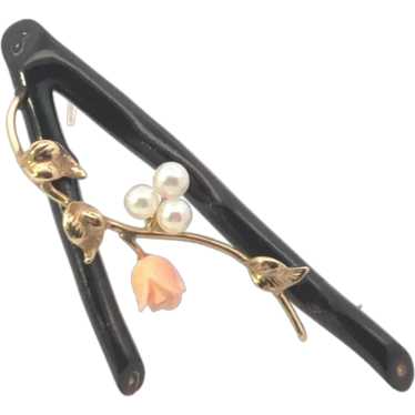 14K Black & Pink Coral Pearl Branch Rose Pin/Broo… - image 1