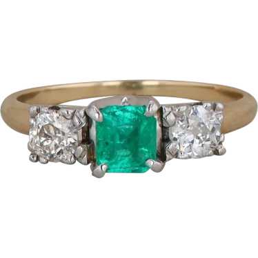 14k Yellow Gold Emerald and Diamond Three Stone R… - image 1