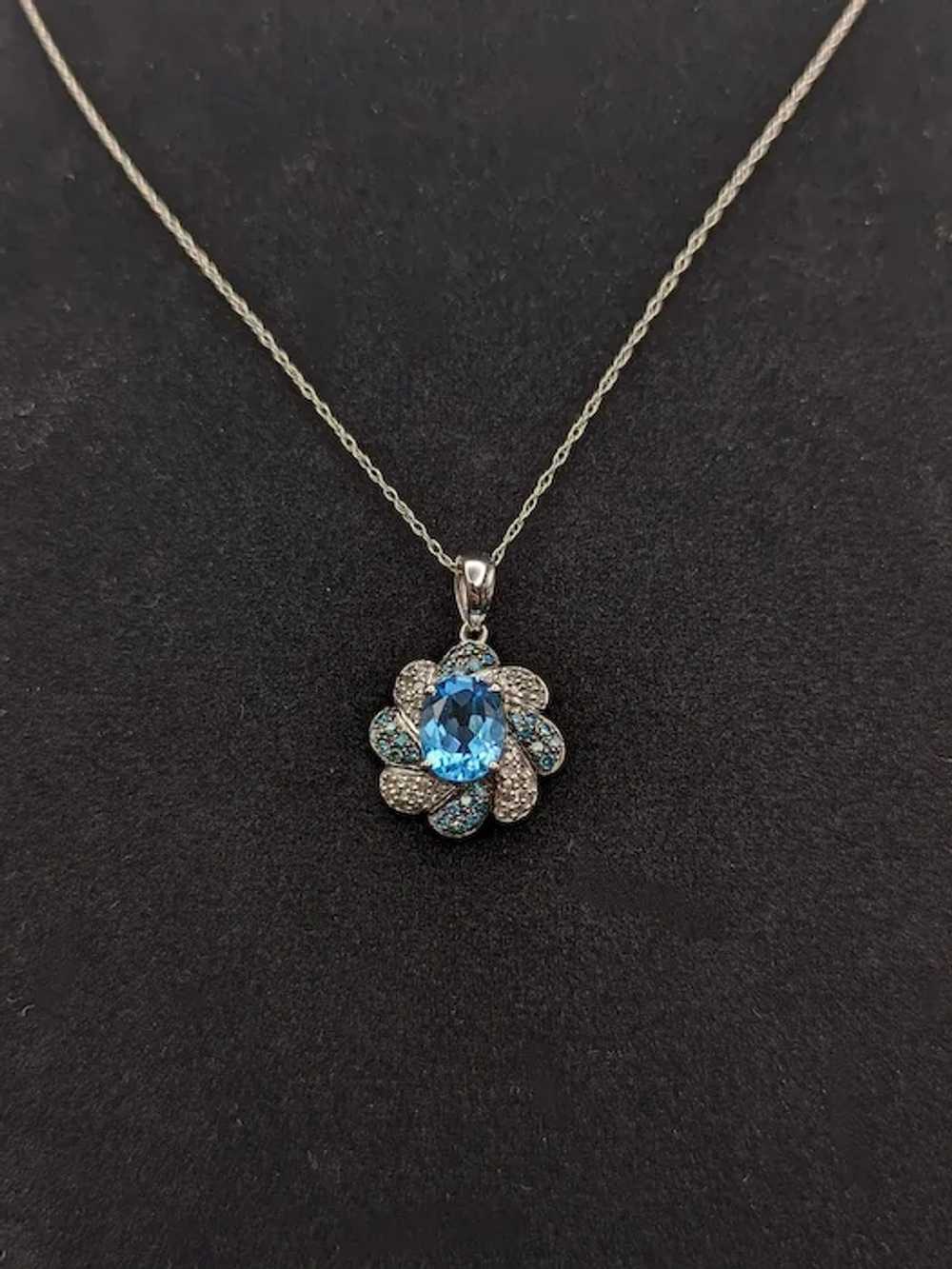 10k Swiss Blue Topaz w Diamonds Flower Pendant Wh… - image 10