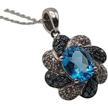 10k Swiss Blue Topaz w Diamonds Flower Pendant Wh… - image 1