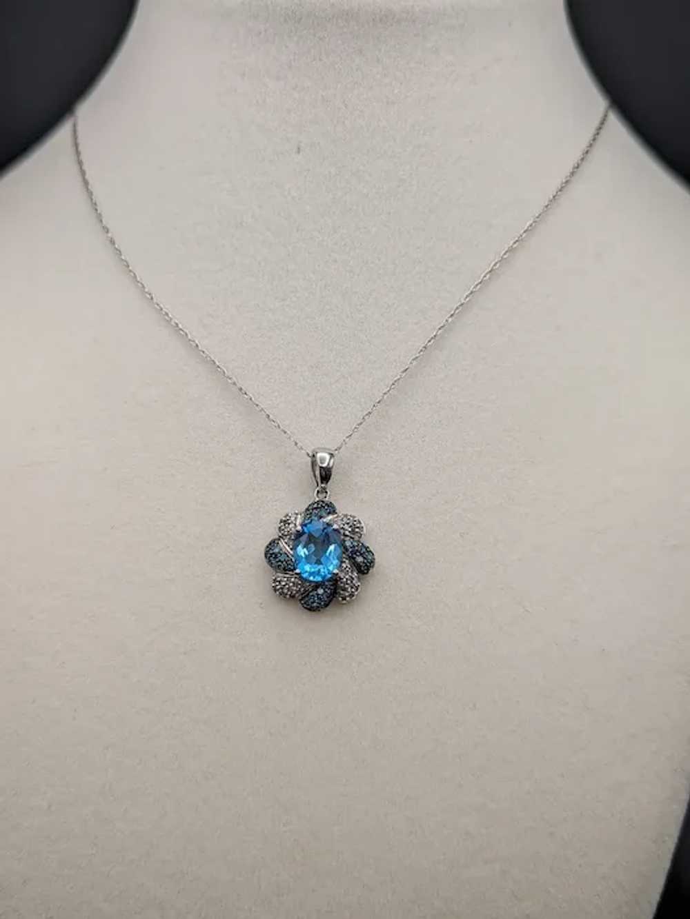 10k Swiss Blue Topaz w Diamonds Flower Pendant Wh… - image 2
